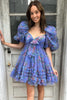 Load image into Gallery viewer, A-Line Sweetheart Puff Sleeves Dark Blue Floral Short Homecoming Dress with Ruffles