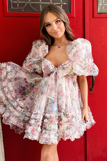 A-Line Sweetheart Puff Sleeves Pink Floral Short Homecoming Dress with Ruffles