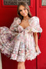 Load image into Gallery viewer, A-Line Sweetheart Puff Sleeves Blue Floral Short Homecoming Dress with Ruffles