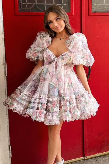 A-Line Sweetheart Puff Sleeves Pink Floral Short Homecoming Dress with Ruffles