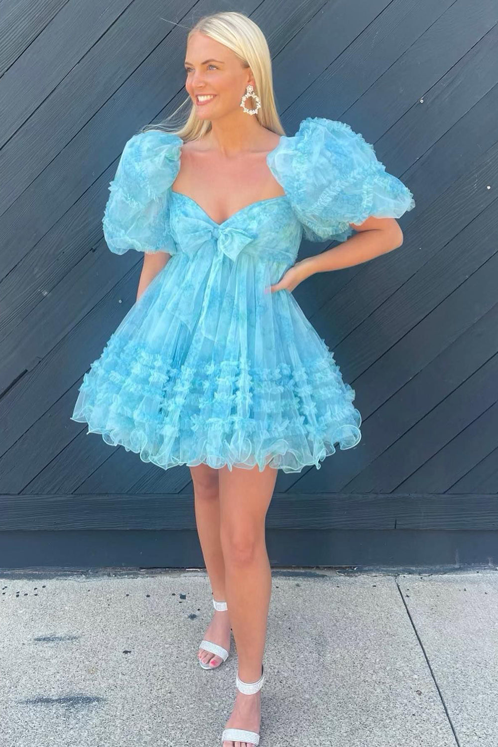 A-Line Sweetheart Puff Sleeves Blue Floral Short Homecoming Dress with Ruffles