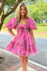 Load image into Gallery viewer, A-Line Sweetheart Puff Sleeves Pink Floral Short Homecoming Dress with Ruffles