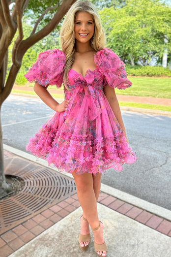 A-Line Sweetheart Puff Sleeves Blue Floral Short Homecoming Dress with Ruffles
