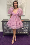 A-Line Sweetheart Puff Sleeves Pink Floral Short Homecoming Dress with Ruffles