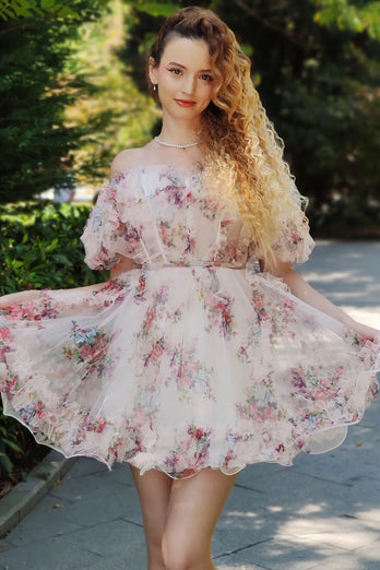 Ivory Tulle Floral Printed Homecoming Dress with Puff Sleeves