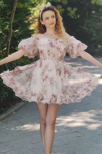 Ivory Tulle Floral Printed Homecoming Dress with Puff Sleeves