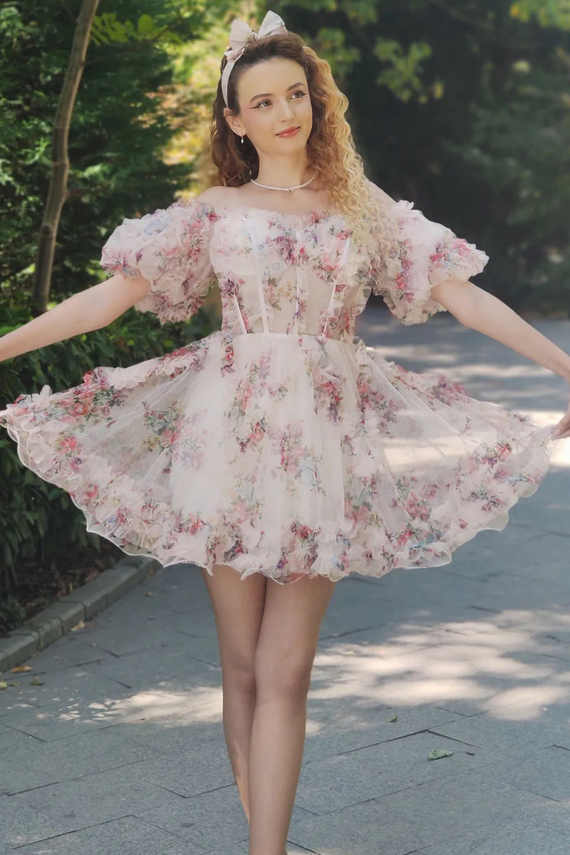 Load image into Gallery viewer, Ivory Tulle Floral Printed Homecoming Dress with Puff Sleeves