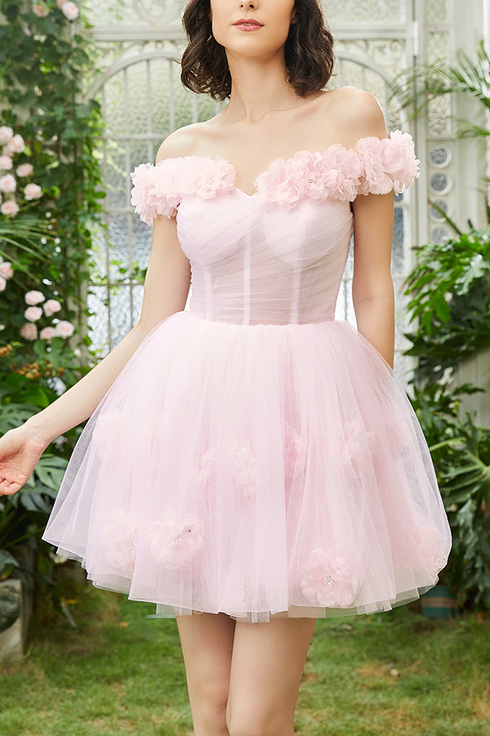 Pink Off the Shoulder Corset Homecoming Dress With Flowers