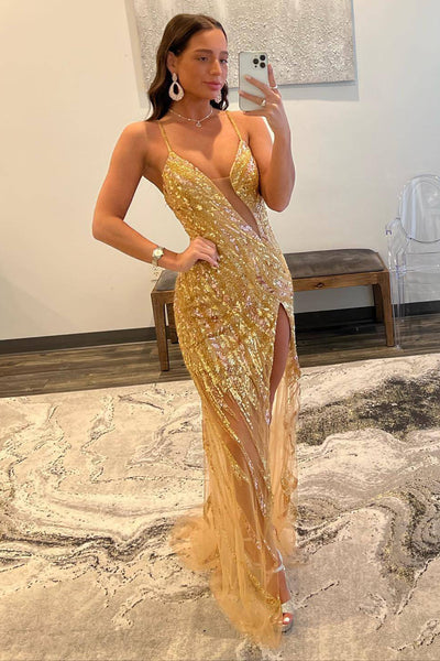 Sparkly Gold Beaded Mermaid Long Prom Dress with Slit