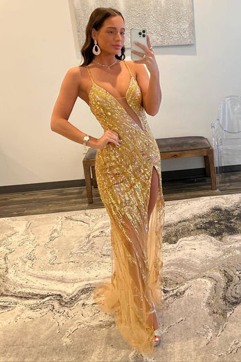 Sparkly Gold Beaded Mermaid Long Prom Dress with Slit