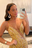 Load image into Gallery viewer, Sparkly Gold Beaded Mermaid Long Prom Dress with Slit