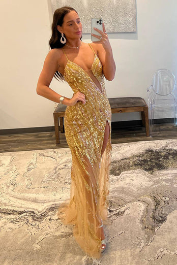 Sparkly Gold Beaded Mermaid Long Prom Dress with Slit