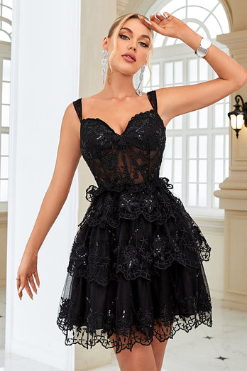 Sparkly Black Sweetheart A-Line Lace Tiered Short Homecoming Dress