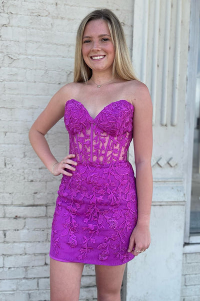 Sheath Sweetheart Fuchsia Corset Short Homecoming Dress with Appliques