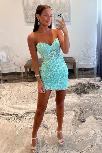 Sheath Sweetheart Light Green Corset Short Homecoming Dress with Appliques