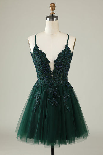 Stylish A Line Spaghetti Straps Green Short Homecoming Dress with Appliques