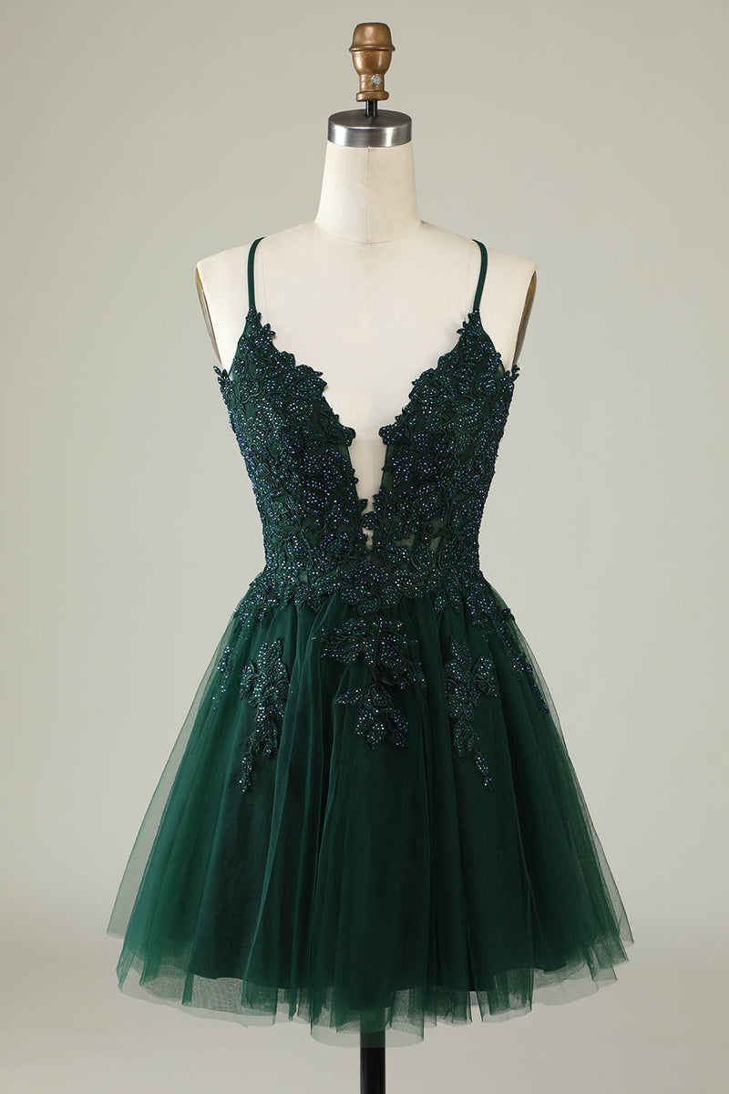 Load image into Gallery viewer, Stylish A Line Spaghetti Straps Green Short Homecoming Dress with Appliques