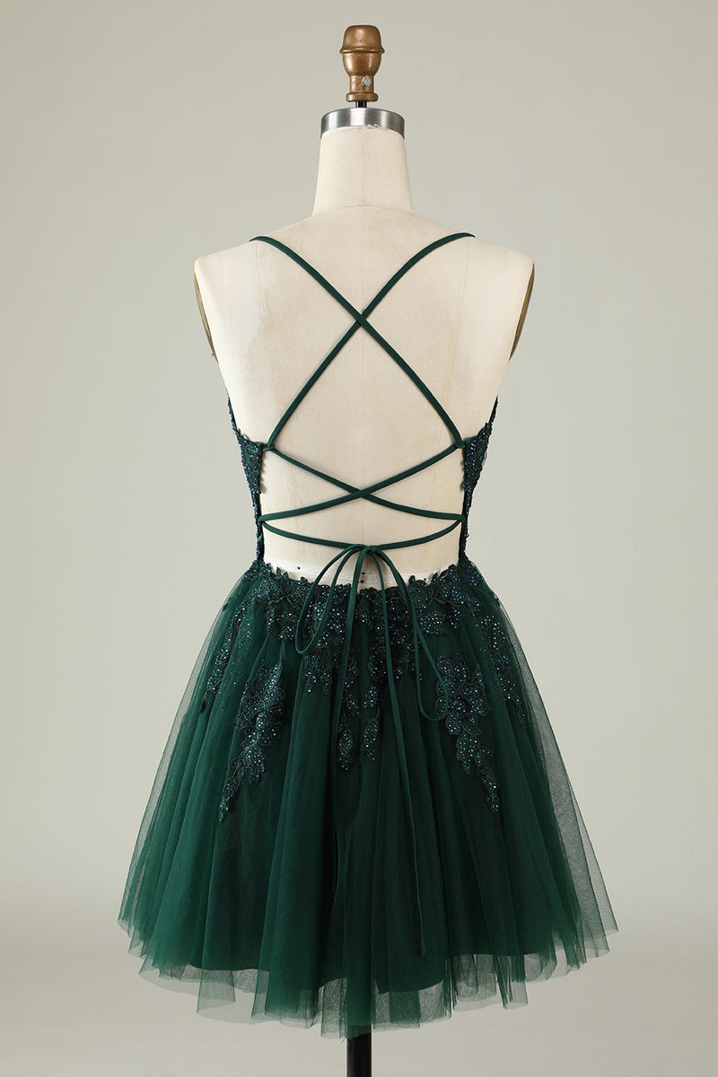 Load image into Gallery viewer, Stylish A Line Spaghetti Straps Green Short Homecoming Dress with Appliques