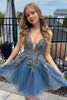 Load image into Gallery viewer, Stylish A Line Grey Blue Spaghetti Straps Short Homecoming Dress with Appliques