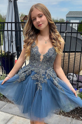 Stylish A Line Grey Blue Spaghetti Straps Short Homecoming Dress with Appliques