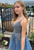 Load image into Gallery viewer, Stylish A Line Grey Blue Spaghetti Straps Short Homecoming Dress with Appliques