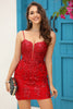 Load image into Gallery viewer, Sheath Spaghetti Straps Red Sequins Short Homecoming Dress with Criss Cross Back