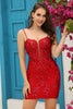 Load image into Gallery viewer, Sheath Spaghetti Straps Red Sequins Short Homecoming Dress with Criss Cross Back