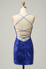 Load image into Gallery viewer, Sheath Spaghetti Straps Blue Sequins Short Homecoming Dress with Criss Cross Back