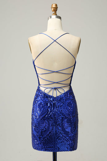 Sheath Spaghetti Straps Blue Sequins Short Homecoming Dress with Criss Cross Back