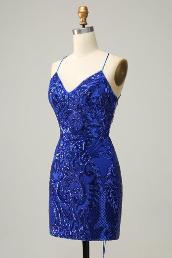 Sheath Spaghetti Straps Blue Sequins Short Homecoming Dress with Criss Cross Back