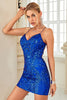 Load image into Gallery viewer, Sheath Spaghetti Straps Blue Sequins Short Homecoming Dress with Criss Cross Back