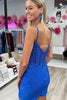 Load image into Gallery viewer, Sparkly Bodycon Spaghetti Straps Blue Short Homecoming Dress with Beading