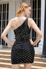 Load image into Gallery viewer, Sparkly Bodycon One Shoulder Black Sequins Short Homecoming Dress with Cut Out