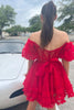 Load image into Gallery viewer, Red Tulle Off The Shoulder Corset Homecoming Dress