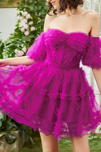 Purple A Line Off The Shoulder Corset Short Tulle Homecoming Dress