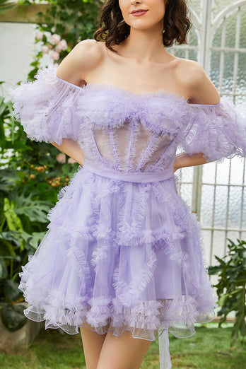 Blue A Line Off The Shoulder Corset Tulle Short Homecoming Dress