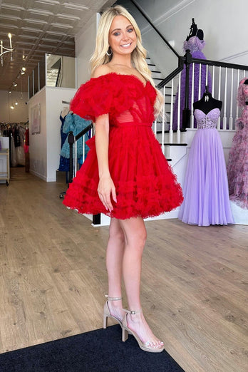 Red Tulle Off The Shoulder Corset Homecoming Dress