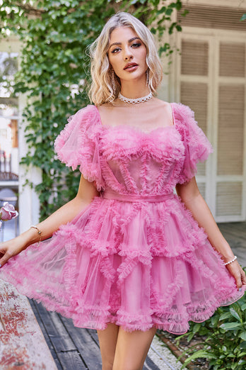 Purple A Line Off The Shoulder Corset Short Tulle Homecoming Dress