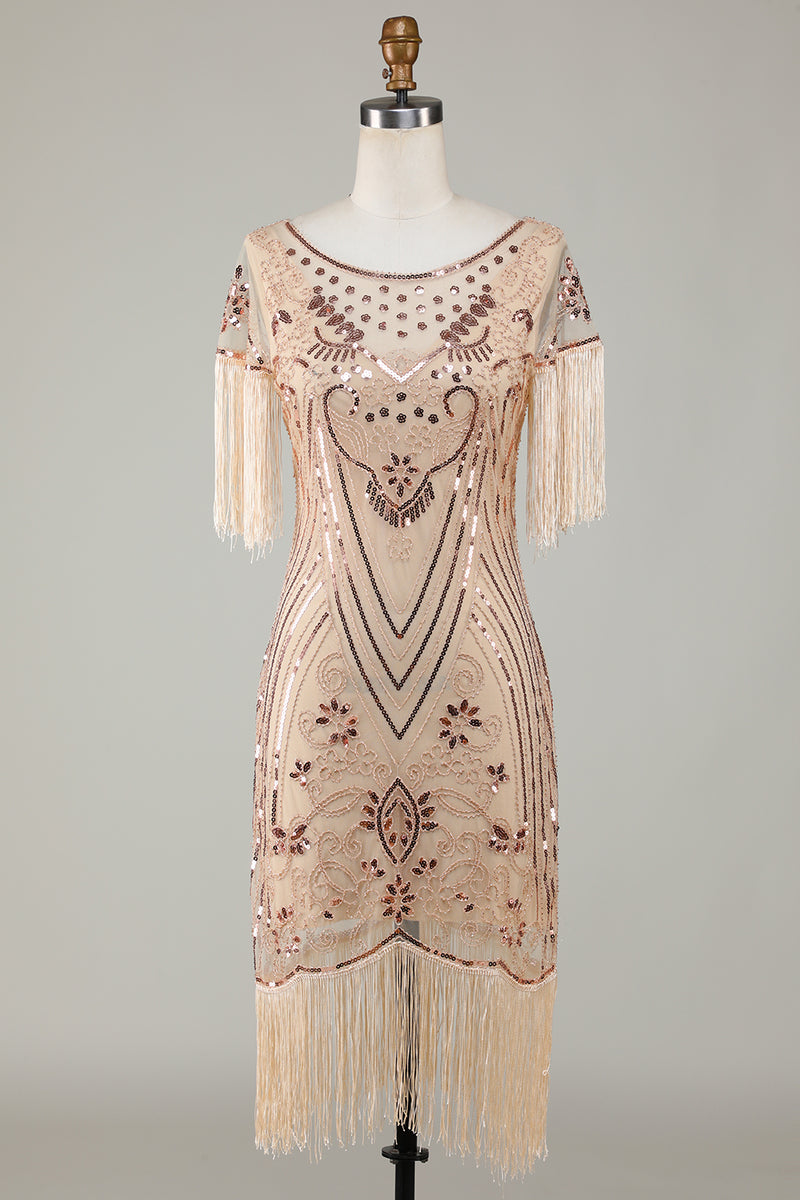 Load image into Gallery viewer, Beaded Fringed Champange 1920s Flapper Dress with Sequins