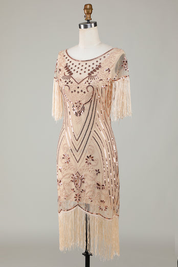 Beaded Fringed Champange 1920s Flapper Dress with Sequins