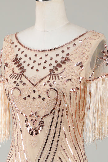 Beaded Fringed Champange 1920s Flapper Dress with Sequins