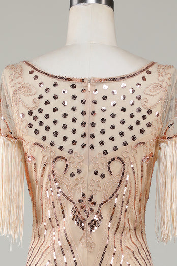 Beaded Fringed Champange 1920s Flapper Dress with Sequins