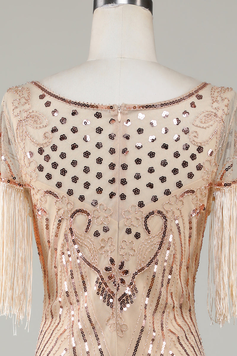 Load image into Gallery viewer, Beaded Fringed Champange 1920s Flapper Dress with Sequins