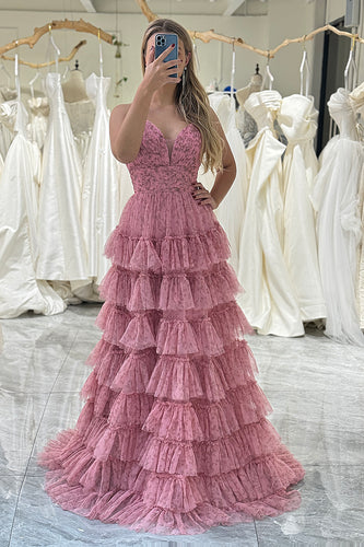 Pink A Line Spaghetti Straps Layered Tulle Prom Dress with Floral Printed