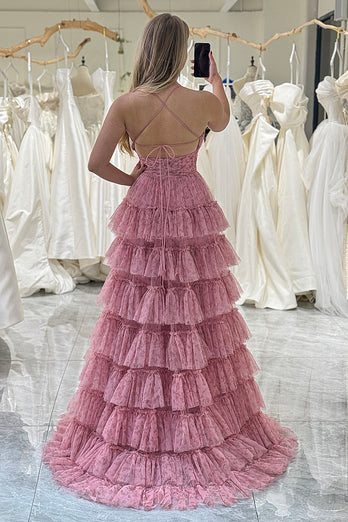 Pink A Line Spaghetti Straps Layered Tulle Prom Dress with Floral Printed