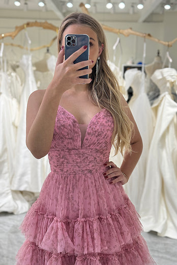 Pink A Line Spaghetti Straps Layered Tulle Prom Dress with Floral Printed