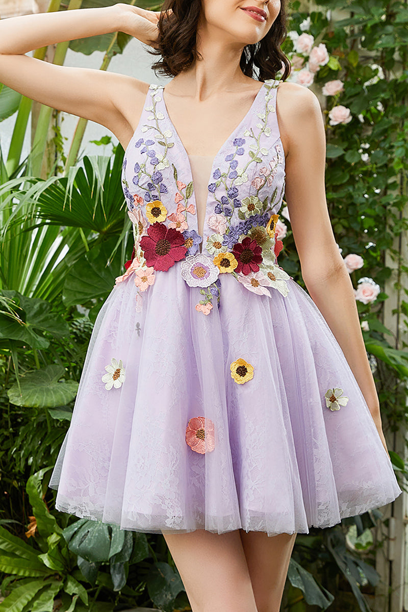 Load image into Gallery viewer, Purple A Line Deep V Neck Open Back Homecoming Dress With 3D Flowers