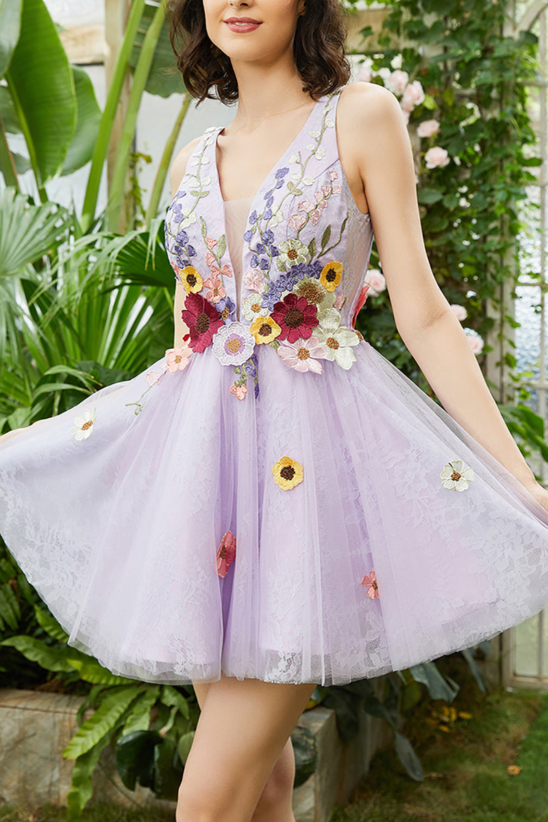 Load image into Gallery viewer, Purple A Line Deep V Neck Open Back Homecoming Dress With 3D Flowers