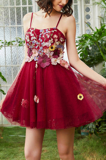 Burgundy A Line Spaghetti Straps Homecoming Dress With 3D Flowers