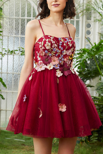 Burgundy A Line Spaghetti Straps Homecoming Dress With 3D Flowers